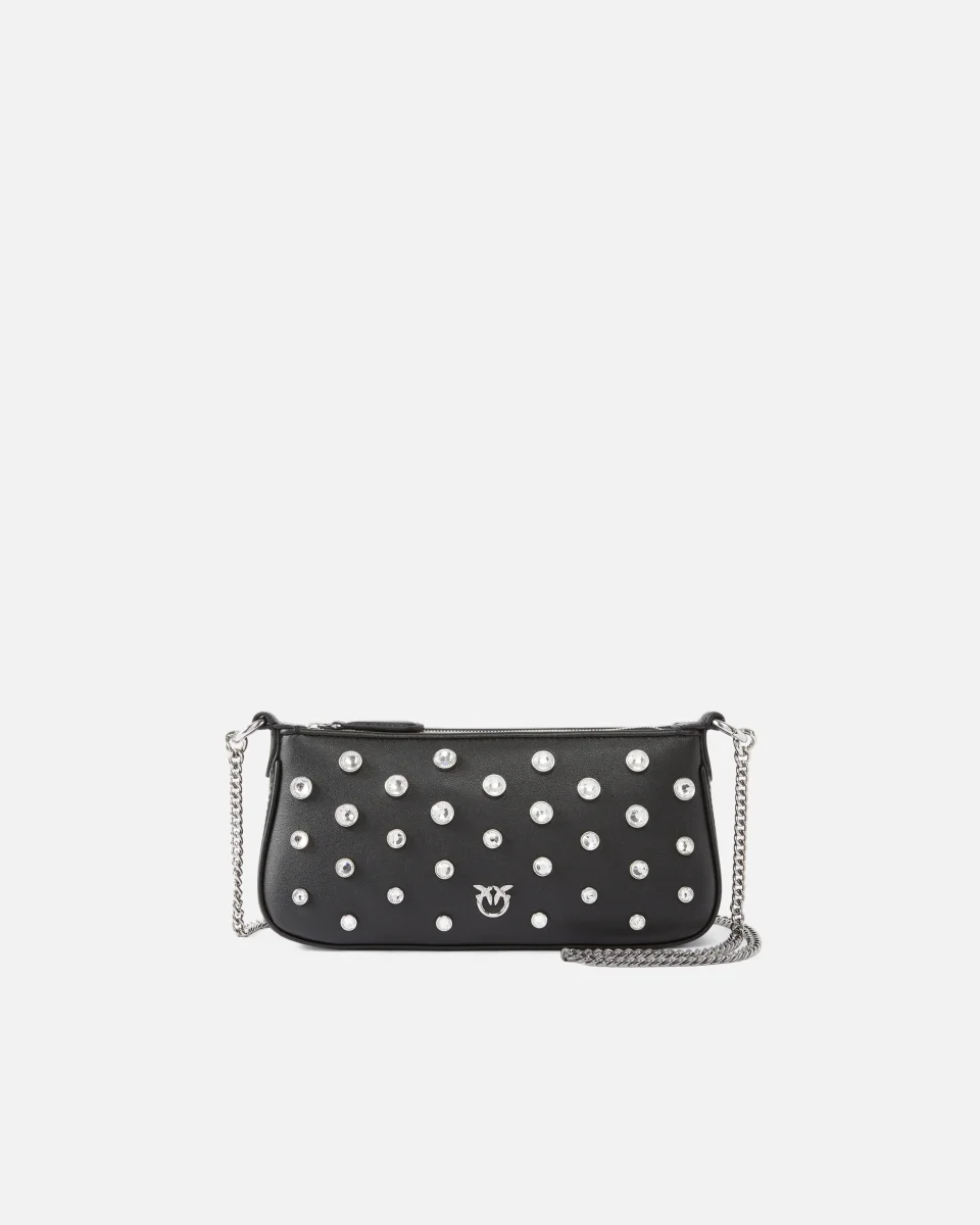 Borsa a spalla piccola Mini Half Moon in pelle con strass